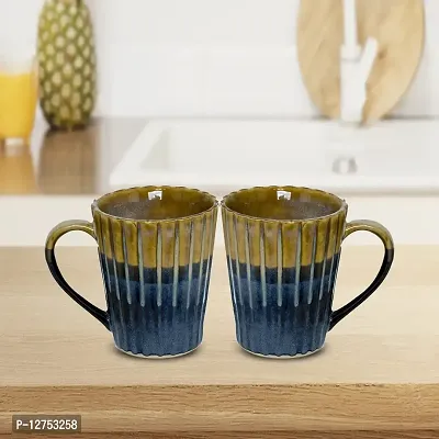 Creative Glut Stylish Ceramic Coffee Mugs Handmade Crafted with Glossy Finish Dishwasher Safe for Gifting Purpose ? Blue & Brown Striped Design Set of 2 (300 ML) Each-thumb4