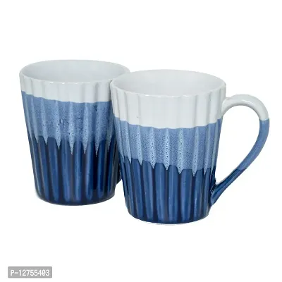 Creative Glut Stylish Ceramic Coffee Mugs Handmade Crafted with Glossy Finish Dishwasher Safe for Gifting Purpose ? Blue & White Striped Design Set of 2 (300 ML) Each