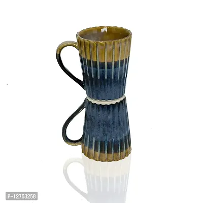 Creative Glut Stylish Ceramic Coffee Mugs Handmade Crafted with Glossy Finish Dishwasher Safe for Gifting Purpose ? Blue & Brown Striped Design Set of 2 (300 ML) Each-thumb0