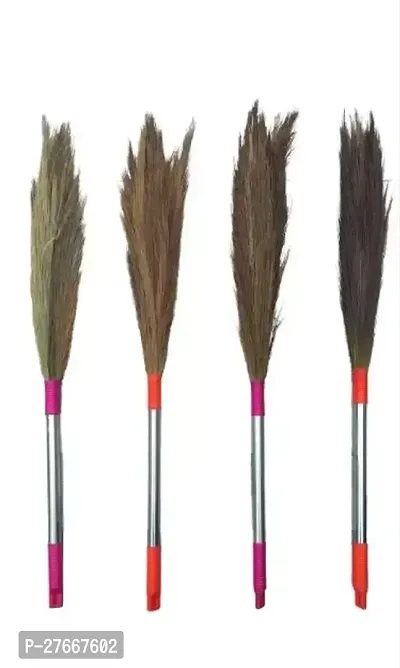 SIDHMART- (Pack of 4) Broom Stick with Long Steel Handle, Soft Grass Broom Stick for Home Pantry Office Cleaning, Jhadu for Floor and Home Long Handle, Phool Jhadu Pack of 4