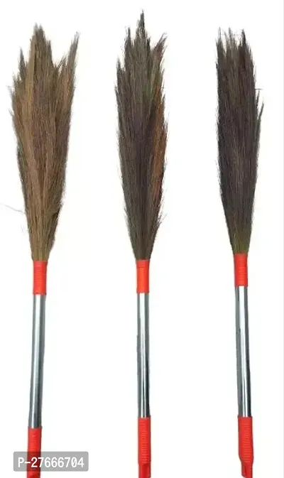 SIDHMART- (Pack of 3) Broom Stick with Long Steel Handle, Soft Grass Broom Stick for Home Pantry Office Cleaning, Jhadu for Floor and Home Long Handle, Phool Jhadu Pack of 3