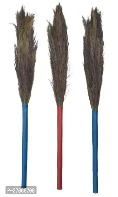 SIDHMART - (Pack of 3) Strong Plastic Pipe Natural Grass Soft Grass Floor Broom Stick for Cleaning Floor, Kitchen, Garden -1-Indoor-outdoor- (Combo)- Multicolor-thumb0