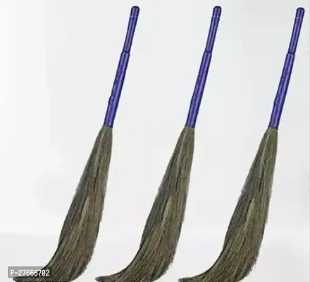 SIDHMART- (Pack of 3) Blue Color Grass Broom Floor Jhadu for Home Office Cleaning with Long Stick Natural Soft Broomstick Grass Phool Jhadu Traditional Sustainable Cleaning Handmade Flexible Brooms Multi use