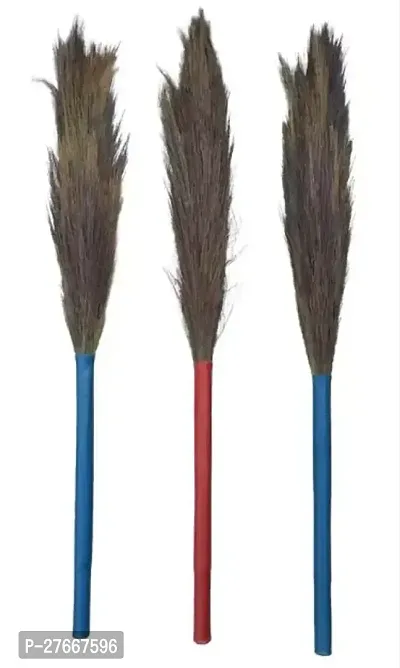 SIDHMART - (Pack of 3) Strong Plastic Pipe Natural Grass Soft Grass Floor Broom Stick for Cleaning Floor, Kitchen, Garden -1-Indoor-outdoor- (Combo)- Multicolor