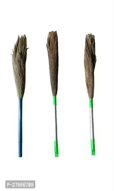 SIDHMART- 1 Plastic Pipe Handle  2 Steel Pipe Handle (Pack of 3) Medium Floor Broom with Natural Soft No Dust Grass Long Stick Jhadu for Home Pantry Office Cleaning (Random Color)