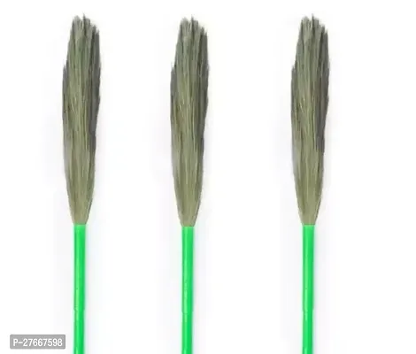 SIDHMART- Plastic Pipe Handle Green Color (Pack of 3) Medium Floor Broom with Natural Soft No Dust Grass Long Stick Jhadu for Home Pantry Office Cleaning (Random Color)-thumb0