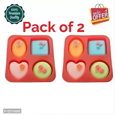 Silicone 4 Cavity Round Rectangle Heart oval Shape Round Edges Silicone Mould for Cake Chocolate Muffin Cup Cake Soap Maker DIY Pack of 2 Multicolour