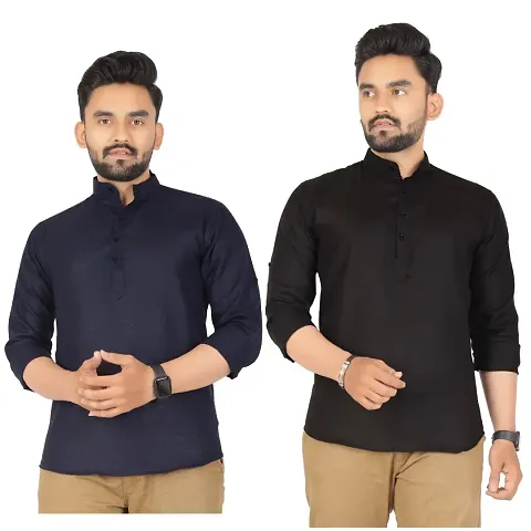 Metloke Men's Solid Full Sleeves Short Kurta (Set of 2) (X-Large, and Black)