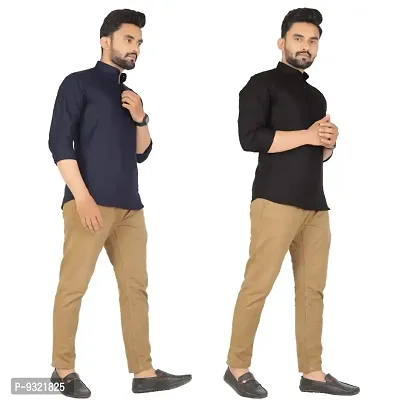 Metloke Men's Solid Cotton Full Sleeves Short Kurta (Set of 2) (X-Large, Navy Blue and Black)-thumb3