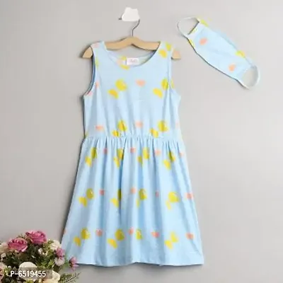 Girls Blue Sleeveless All-Over Print Casual Dress MASK IS INCLUDED