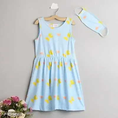 Girls Blue Sleeveless All-Over Print Casual Dress..MASK IS INCLUDED