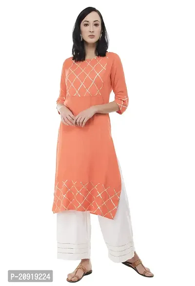 Ushmaa Straight Rayon Woven Printed Kurti Set with Gota Patti Work for Women  Girls Kurti Set| Casual Wear | Ethnic Wear | Indian Dress (Large, Peach)-thumb0