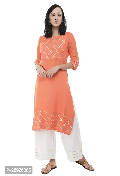 Ushmaa Straight Rayon Woven Printed Kurti Set with Gota Patti Work for Women  Girls Kurti Set| Casual Wear | Ethnic Wear | Indian Dress (XX-Large, Peach)-thumb0