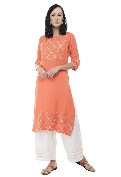 Ushmaa Straight Rayon Woven Kurti Set with Gota Patti Work for Women Girls Kurti Set| Casual Wear | Ethnic Wear | Indian Dress (Large, Peach)