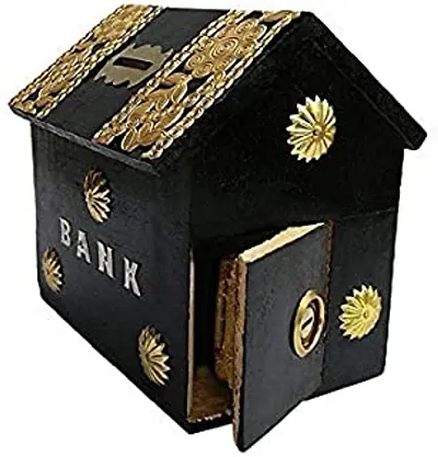 Wooden Hut Shape Money Bank 5x4 in Black Color