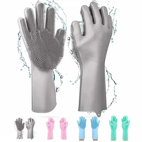 Gloves Magic Silicone Dish Washing Gloves, Silicon Cleaning Gloves, Silicon Hand Gloves for Kitchen Dishwashing and Pet Grooming, Great for Washing Dish, Car, Bathroom (Multicolour, Pack of 1)