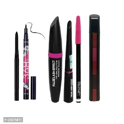 Vagons Combo of 5in1 red lipstick with 3in1 eyeliner mascara 36h eyeliner  kajal-thumb0