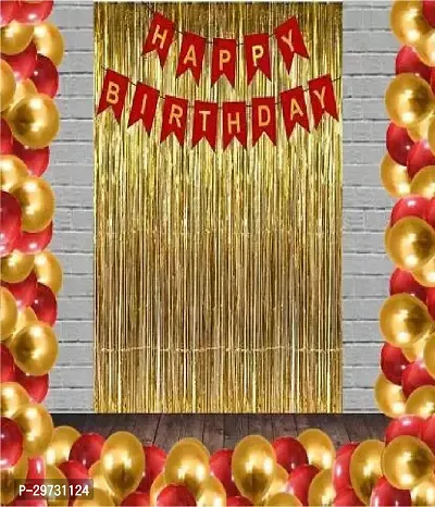 Solid Happy Birthday Red Theme Combo Pack I Party Decor I - (1 pc Red Bunting Banner + 15 Latex Balloons + 1 Fringe Curtains Golden Balloon Party Supplies