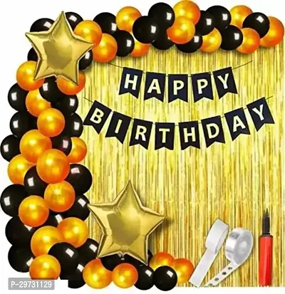 Happy Birthday Decoration Items For Husband Combo Set Birthday Bunting Golden Foil Curtain Metallic Balloons With Balloon Pump  Glue Dot | Birthday Decoration Kit