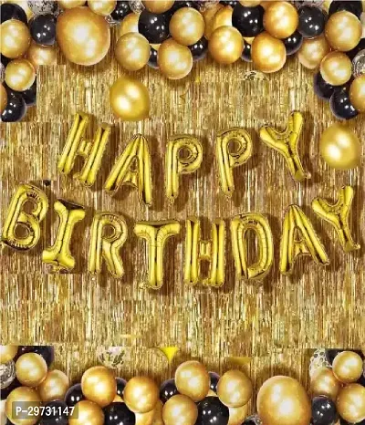 Happy Birthday Golden Foil+ 1 Pcs golden Fringe Curtain(3 X 6 Feet)+20 pcs Metallic Balloons (Black,Gold,Silver)