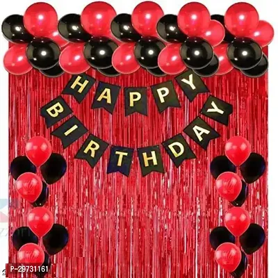 BIRTHDAY RED BLACK COMBO KIT - 1 BLACK BANNER 15 BALLOONS  1 RED CURTAINS