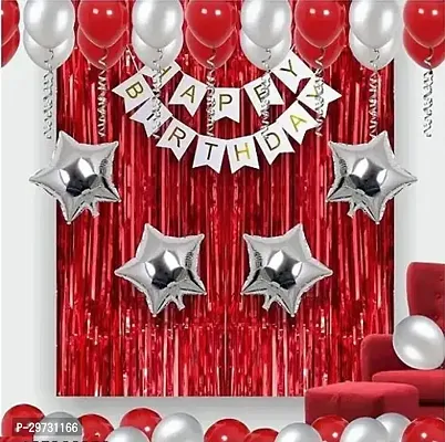 Solid Happy Birthday Banner White, 1pc Red Fringe, 4pc silver star and 15pc Red and white Metallic Balloon