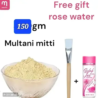 Face pack Multani Mitti Powder 200gm Rose Water Gulab Jal 120ml with Makeup Brush Pure and Natural Face and Hair Powder-thumb0