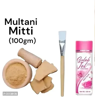 Multani Mitti Powder Pure and Natural Face Powder Multani Mitti Rose Water/Gulab jal Single Stick Brush Combo pack-thumb0