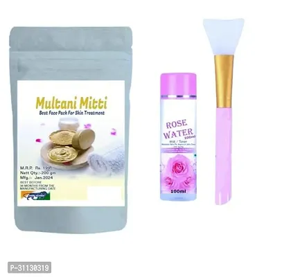 Face pack Multani Mitti Powder 200gm Rose Water Gulab Jal 120ml with Makeup Brush Pure and Natural Face and Hair Powder-thumb0