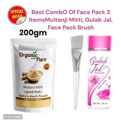 Multani mitti powder (200gm) and rose water and brush combo pack