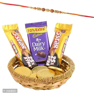 SFU E Com Golden Coin  Chocolate Hamper | Rakhi Chocolate for Brother | Designer Wooden Rakhi with Chocolates | Roli, Chawal, Chandan, Misri | 309