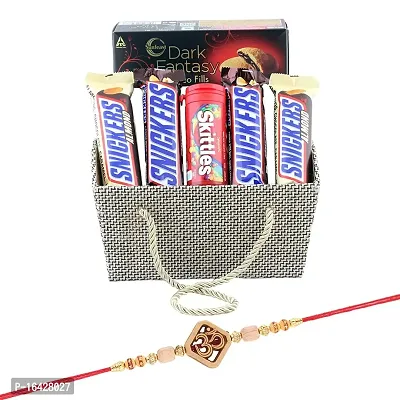 SFU E Com Skittles with Almond Gift Hamper | Rakhi Chocolate for Brother | Squere Om Design Rakhi with Chocolates | Roli, Chawal, Chandan, Misri | 1065