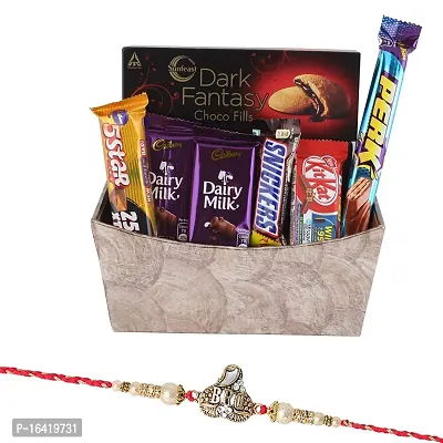 SFU E Com Chocolate Gift Hamper with Designer Golden Basket | Rakhi Chocolate for Brother | Desinger Bro Rakhi with Chocolates | Roli, Chawal, Chandan, Misri | 863-thumb0