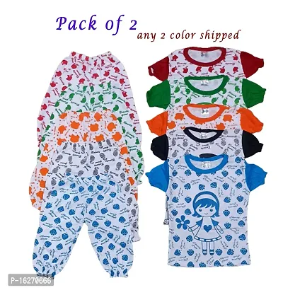 Kids Casual Cotton Printed Cotton Girl's T-Shirt  Pajama ,Summerwear Clothing Set For Girls Multicolor Combo Pack of 2-thumb0
