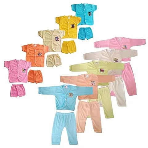 SR CREATIONS New-Born Baby Polycotton Solid Color Midi T-Shirt and Shorts and Pant Combo Set (Multicolor; 0-6 Months) Pack of 10