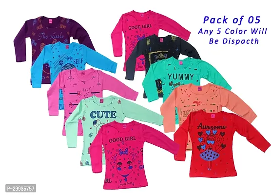 Girls Printed Cotton Blend Full sleeve T Shirt (Multicolor, Pack of 5)