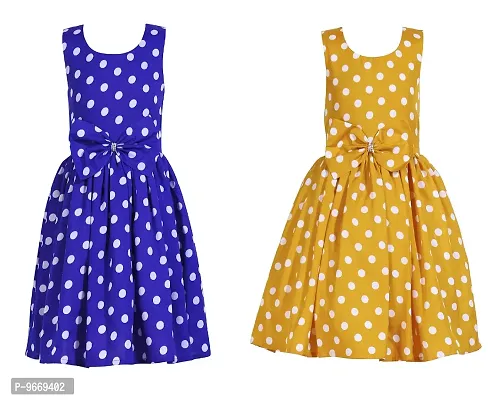 Heavens Creation Casual Frock for Baby Girls,Royal Blue Polka and Yellow Polka, Size 3-4 Years,Pack of 2