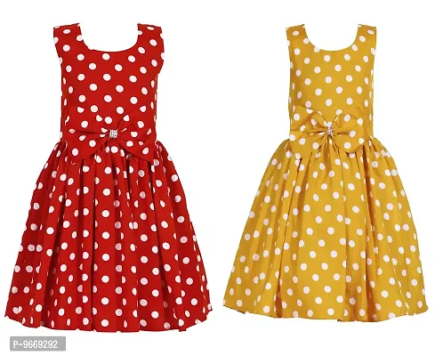 Heavens Creation Casual Frock for Baby Girls,Red Polka and Yellow Polka, Size 3-4 Years,Pack of 2