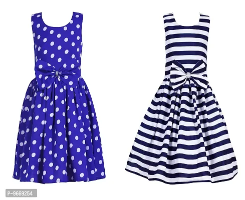 Heavens Creation Casual Frock for Baby Girls,Royal Blue Polka and Nevy Striped, Size 4-5 Years,Pack of 2