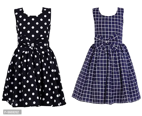 Heavens Creation Casual Frock for Baby Girls,Black Polka and Nevy Check, Size 10-11 Years,Pack of 2