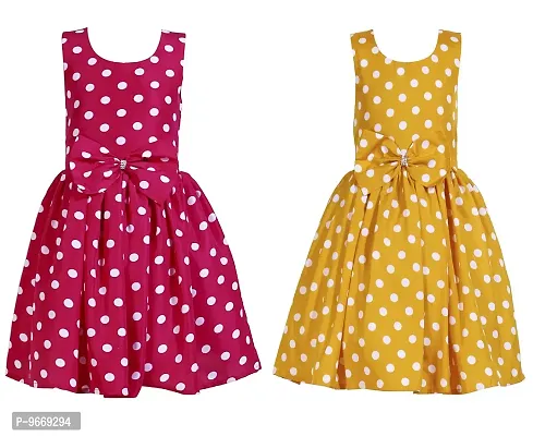Heavens Creation Casual Frock for Baby Girls,Rani Polka and Yellow Polka, Size 8-9 Years,Pack of 2