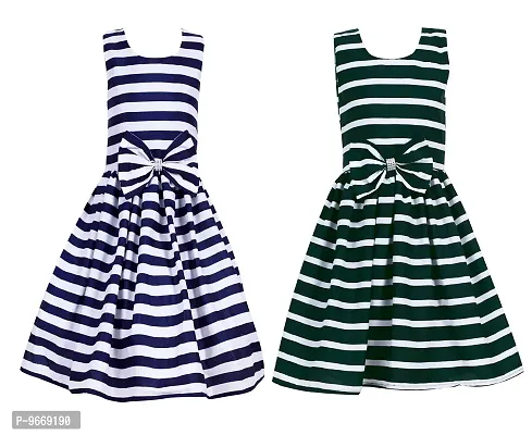 Heavens Creation Casual Frock for Baby Girls,Nevy Striped and Teek Green Striped, Size 8-9 Years,Pack of 2