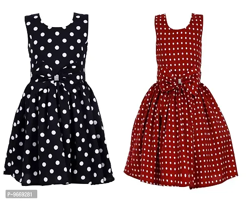 Heavens Creation Casual Frock for Baby Girls,Black Polka and Marron Polka, Size 7-8 Years,Pack of 2