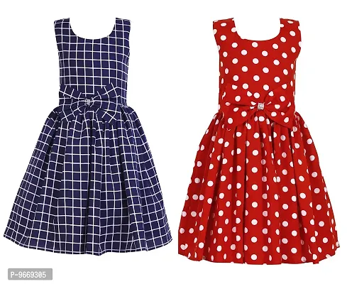 Heavens Creation Casual Frock for Baby Girls,Nevy Check and Red Polka, Size 4-5 Years,Pack of 2