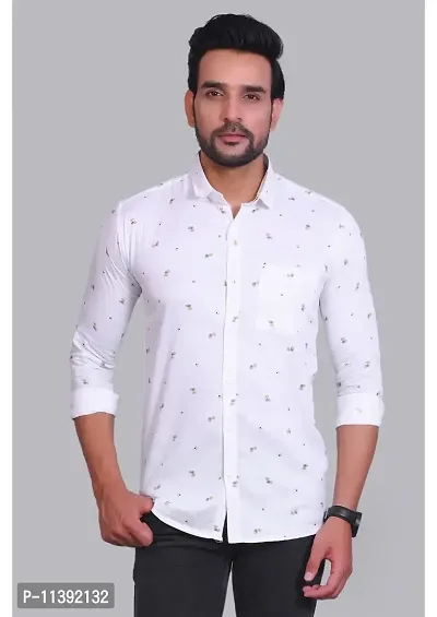 White Cotton Printed Casual Shirts For Men