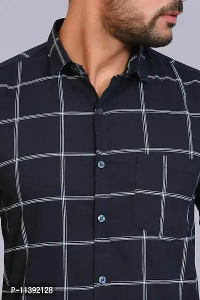 Navy Blue Cotton Checked Casual Shirts For Men-thumb5