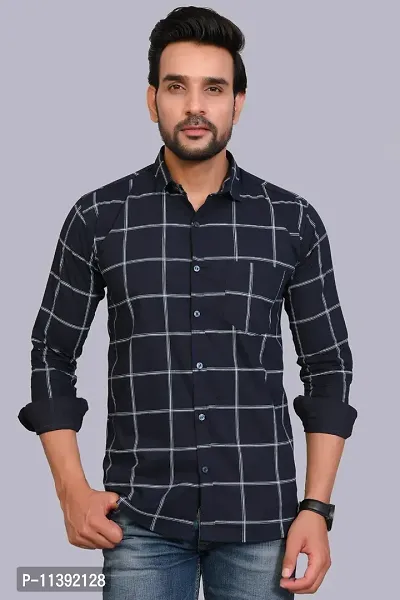 Navy Blue Cotton Checked Casual Shirts For Men-thumb0