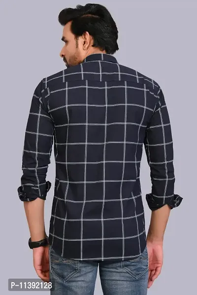 Navy Blue Cotton Checked Casual Shirts For Men-thumb4