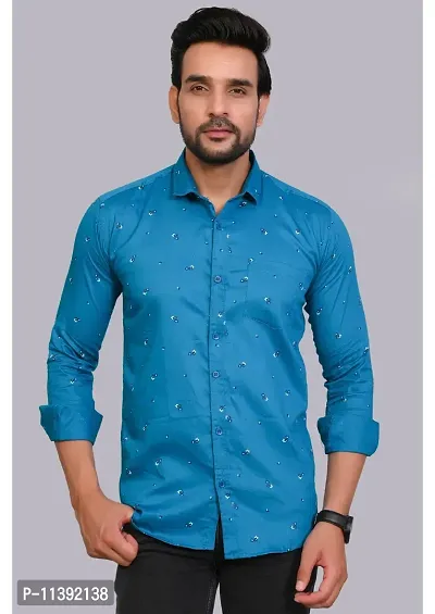 Blue Cotton Printed Casual Shirts For Men