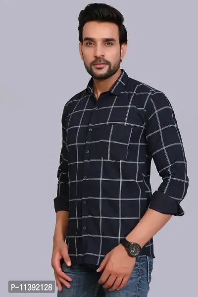 Navy Blue Cotton Checked Casual Shirts For Men-thumb2